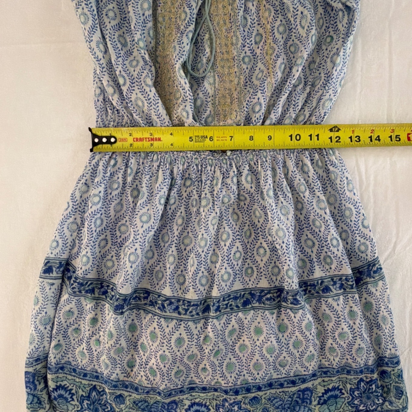Bell By Alicia Bell Blue White Silk Cotton Block Print Smocked Mini Dress S — image 8 of 8